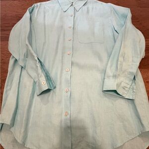 Liz Claiborne LizSport 100% Linen Button-Front Tunic Shirt Aqua Blue Size L